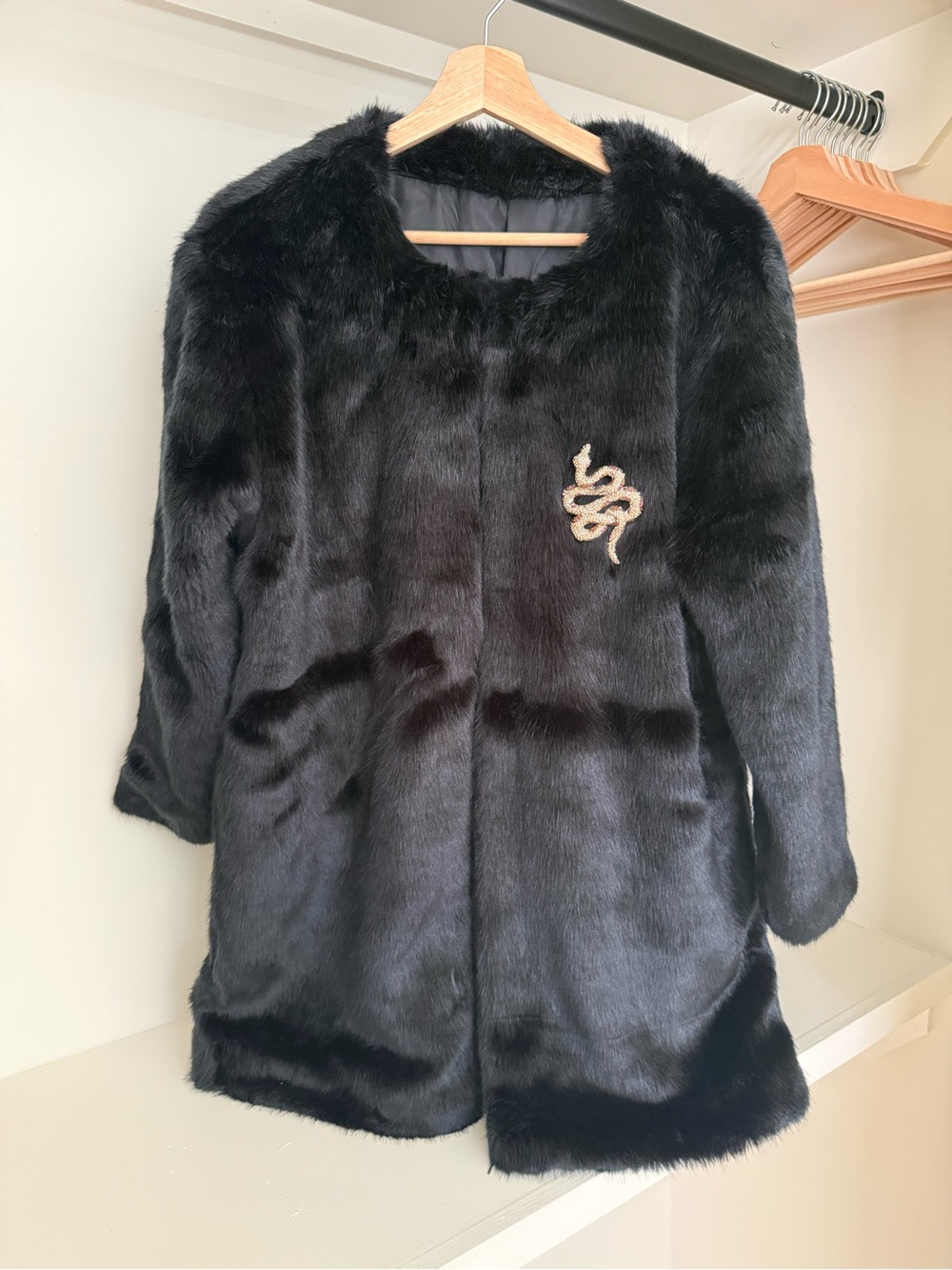 Black Faux Fur Coat with Embroidered Snake Accent